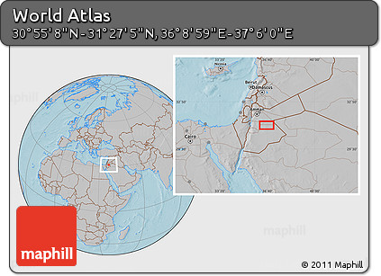 Gray Location Map of the Area around 31° 11' 6" N, 36° 37' 30" E, hill shading