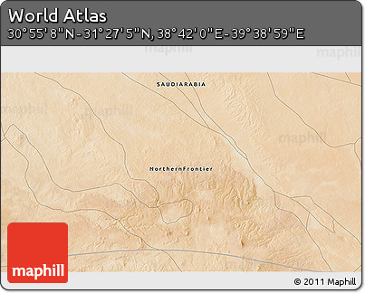 Satellite 3D Map of the Area around 31° 11' 6" N, 39° 10' 29" E
