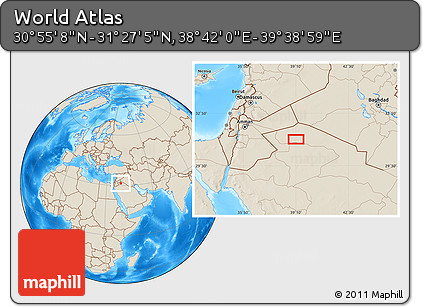 Shaded Relief Location Map of the Area around 31° 11' 6" N, 39° 10' 29" E