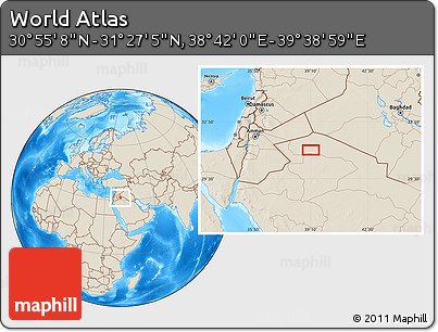 Shaded Relief Location Map of the Area around 31° 11' 6" N, 39° 10' 29" E