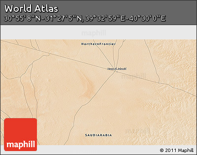 Satellite 3D Map of the Area around 31° 11' 6" N, 40° 1' 29" E