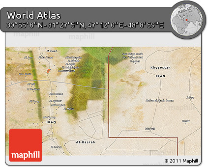 Satellite 3D Map of the Area around 31° 11' 6" N, 47° 40' 29" E
