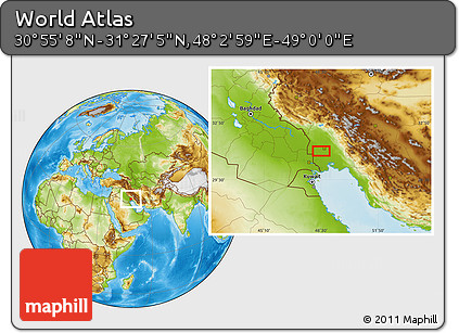 Physical Location Map of the Area around 31° 11' 6" N, 48° 31' 29" E