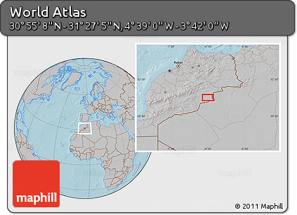 Gray Location Map of the Area around 31° 11' 6" N, 4° 10' 30" W, hill shading