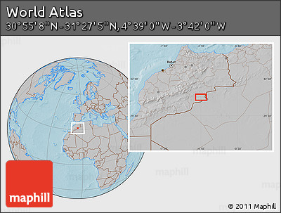 Gray Location Map of the Area around 31° 11' 6" N, 4° 10' 30" W, hill shading