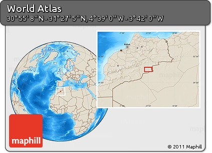 Shaded Relief Location Map of the Area around 31° 11' 6" N, 4° 10' 30" W