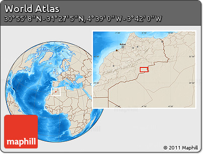 Shaded Relief Location Map of the Area around 31° 11' 6" N, 4° 10' 30" W