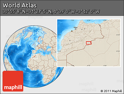 Shaded Relief Location Map of the Area around 31° 11' 6" N, 4° 10' 30" W