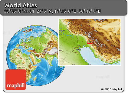 Physical Location Map of the Area around 31° 11' 6" N, 50° 13' 30" E