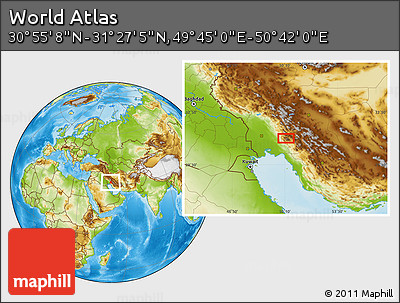 Physical Location Map of the Area around 31° 11' 6" N, 50° 13' 30" E