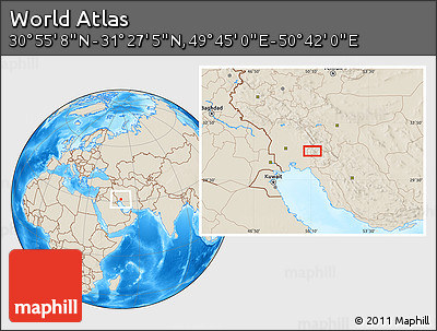 Shaded Relief Location Map of the Area around 31° 11' 6" N, 50° 13' 30" E