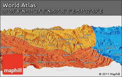 Political Panoramic Map of the Area around 31° 11' 6" N, 51° 4' 30" E