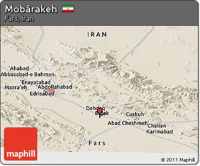 Shaded Relief Panoramic Map of Mobārakeh