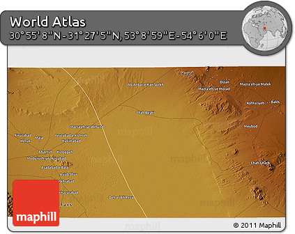 Physical 3D Map of the Area around 31° 11' 6" N, 53° 37' 30" E