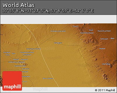 Physical 3D Map of the Area around 31° 11' 6" N, 53° 37' 30" E