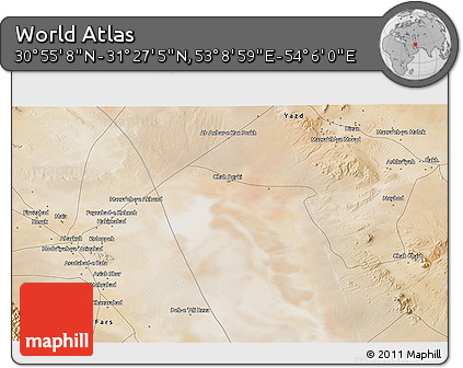 Satellite 3D Map of the Area around 31° 11' 6" N, 53° 37' 30" E