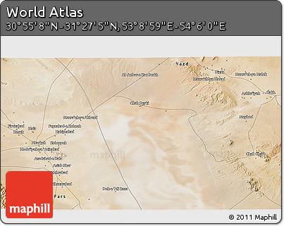Satellite 3D Map of the Area around 31° 11' 6" N, 53° 37' 30" E