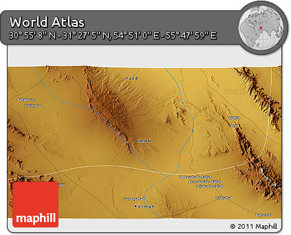 Physical 3D Map of the Area around 31° 11' 6" N, 55° 19' 30" E