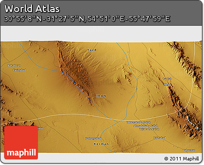Physical 3D Map of the Area around 31° 11' 6" N, 55° 19' 30" E