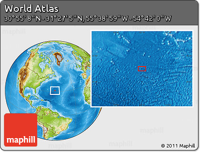 Physical Location Map of the Area around 31° 11' 6" N, 55° 10' 29" W