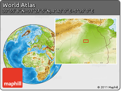 Physical Location Map of the Area around 31° 11' 6" N, 5° 10' 30" E