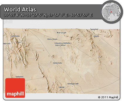 Satellite 3D Map of the Area around 31° 11' 6" N, 60° 25' 29" E