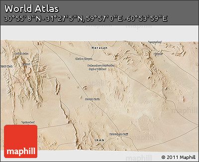 Satellite 3D Map of the Area around 31° 11' 6" N, 60° 25' 29" E