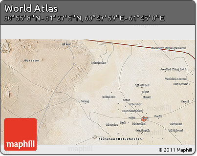 Satellite 3D Map of the Area around 31° 11' 6" N, 61° 16' 29" E