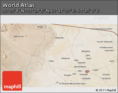 Satellite 3D Map of the Area around 31° 11' 6" N, 61° 16' 29" E