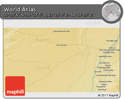 Physical 3D Map of the Area around 31° 11' 6" N, 63° 49' 30" E