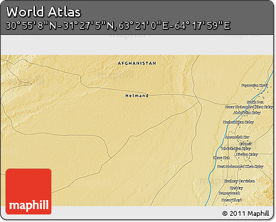 Physical 3D Map of the Area around 31° 11' 6" N, 63° 49' 30" E