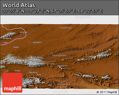 Physical 3D Map of the Area around 31° 11' 6" N, 68° 4' 29" E