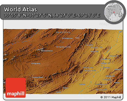 Physical 3D Map of the Area around 31° 11' 6" N, 68° 55' 30" E