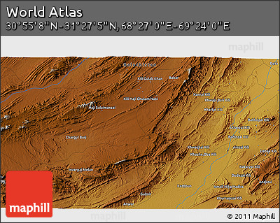 Physical 3D Map of the Area around 31° 11' 6" N, 68° 55' 30" E