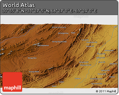 Physical 3D Map of the Area around 31° 11' 6" N, 68° 55' 30" E