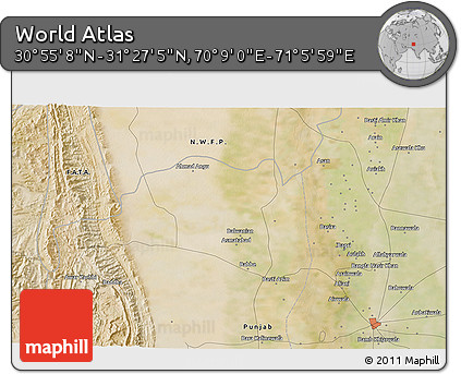 Satellite 3D Map of the Area around 31° 11' 6" N, 70° 37' 30" E