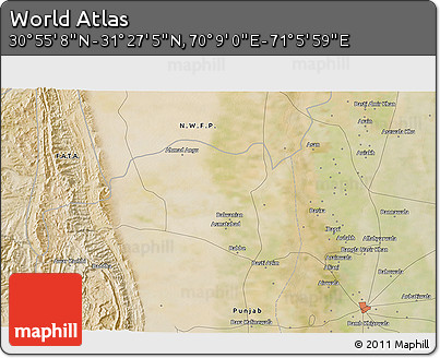 Satellite 3D Map of the Area around 31° 11' 6" N, 70° 37' 30" E