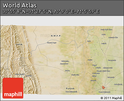 Satellite 3D Map of the Area around 31° 11' 6" N, 70° 37' 30" E