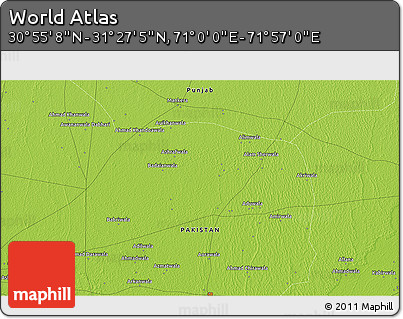 Physical 3D Map of the Area around 31° 11' 6" N, 71° 28' 29" E