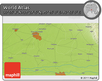 Physical 3D Map of the Area around 31° 11' 6" N, 75° 43' 29" E