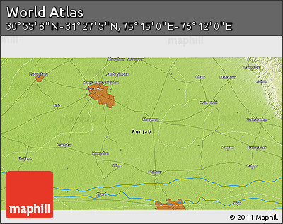 Physical 3D Map of the Area around 31° 11' 6" N, 75° 43' 29" E