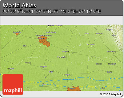 Physical 3D Map of the Area around 31° 11' 6" N, 75° 43' 29" E