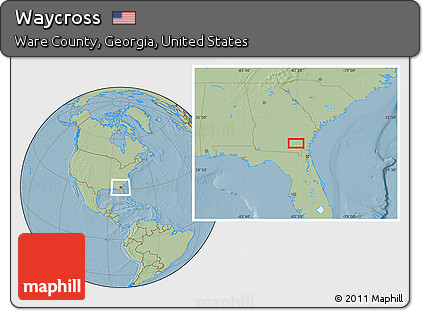 Savanna Style Location Map of Waycross, hill shading