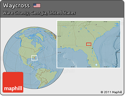 Savanna Style Location Map of Waycross, hill shading