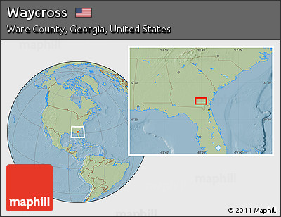 Savanna Style Location Map of Waycross, hill shading