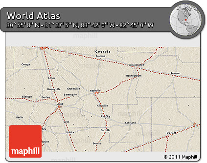 Shaded Relief 3D Map of the Area around 31° 11' 6" N, 83° 13' 29" W