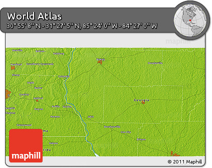 Physical 3D Map of the Area around 31° 11' 6" N, 84° 55' 30" W