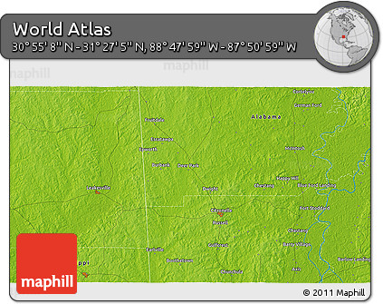 Physical 3D Map of the Area around 31° 11' 6" N, 88° 19' 29" W