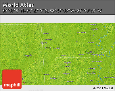Physical 3D Map of the Area around 31° 11' 6" N, 88° 19' 29" W