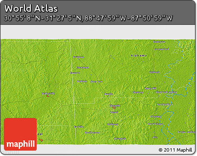 Physical 3D Map of the Area around 31° 11' 6" N, 88° 19' 29" W